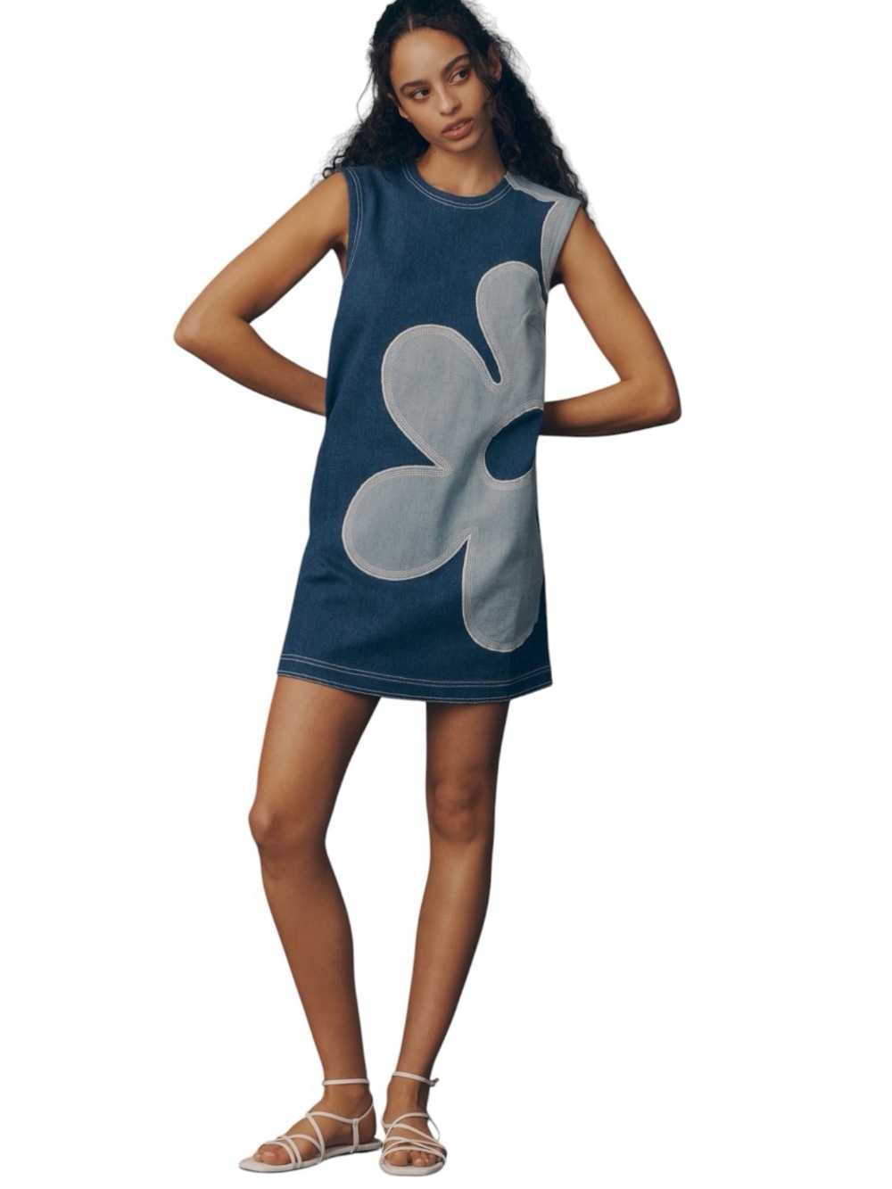 Anthropologie Pilcro Womens Sleeveless Floral Denim Retro Mini Dress Blue New
